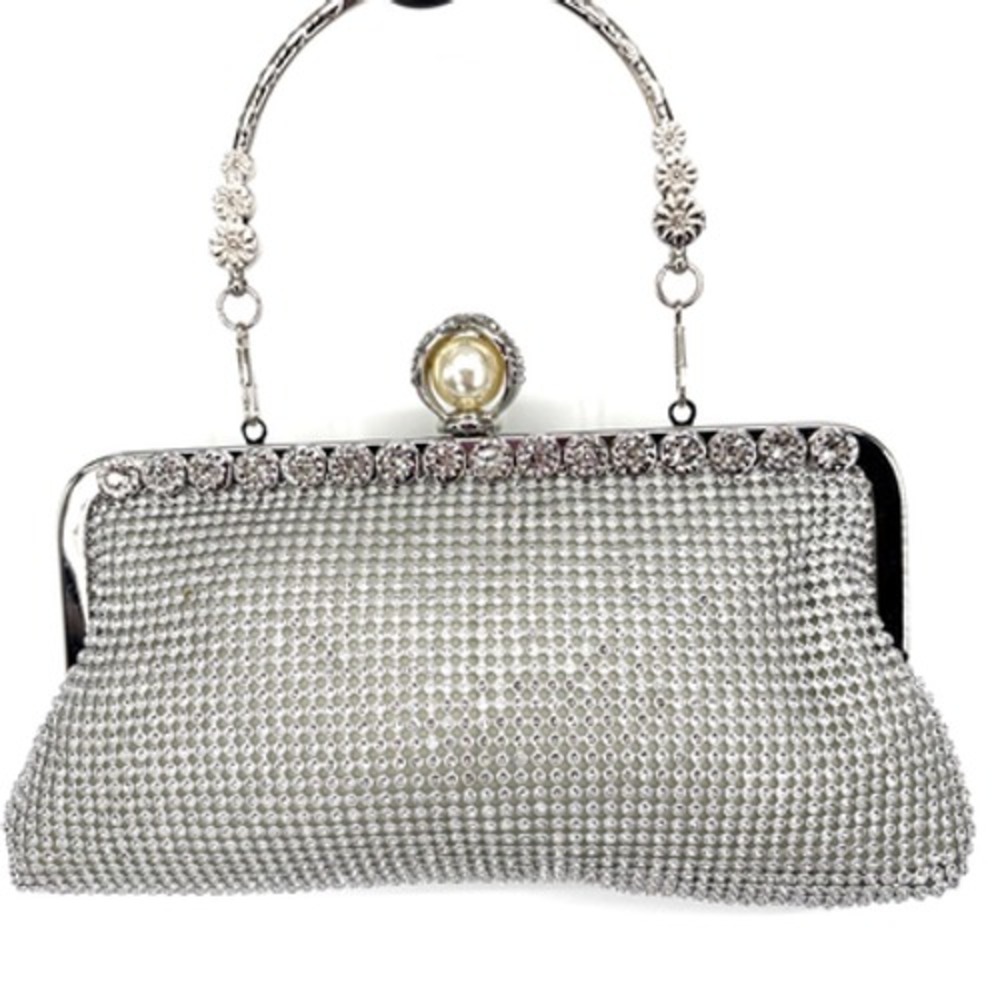Silver Rhinestone Clutch Evening Bag Pearl Single Ball Kisslock Chain Link